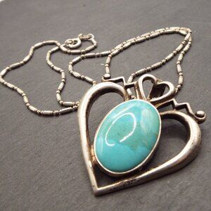 SPECIAL STERLING THAILAND TURQUOISE OVAL CABOCHON HEART & ITALY 925 NECKLACE 71